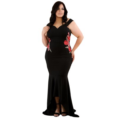 Black Plus Size Embroidery Floral Mermaid Maxi Dress