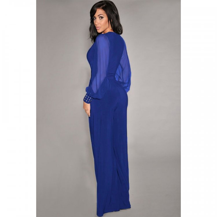 Blue Embellished Cuffs Long Mesh Sleeves Jumpsuit