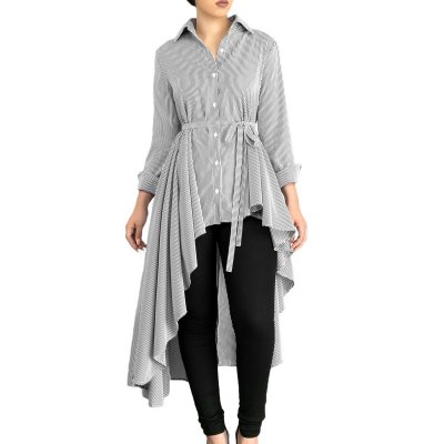 Gray Striped Lapel Shirt High Low Belted Blouse Top