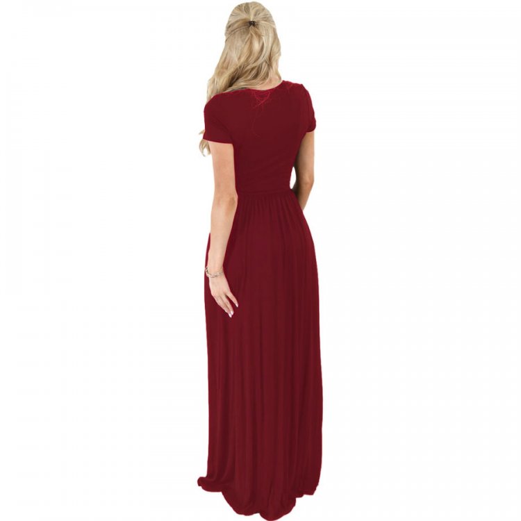 Wine Short Sleeve Ruched Waist Maxi Dress