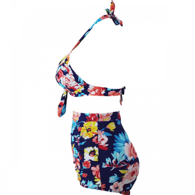 Blooming Navy Retro High Waist 2 Pieces Plus Swimsuit