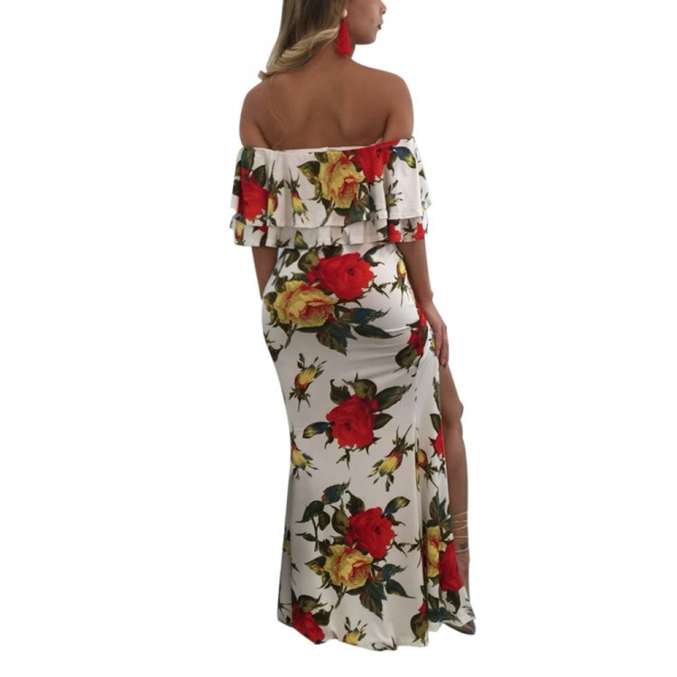 Floral Print Bardot Ruffle Crop Top and Split Maxi Skirt