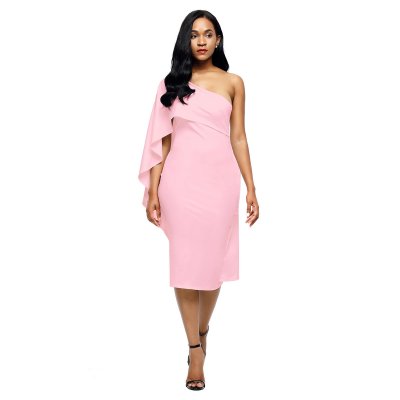 Pink Batwing Sleeve One Shoulder Sheath Dress
