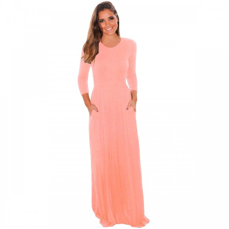 Pink Pocket Design 3/4 Sleeves Maxi Dress