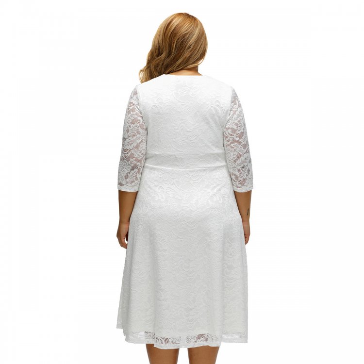 White Plus Size Surplice Lace Formal Skater Dress