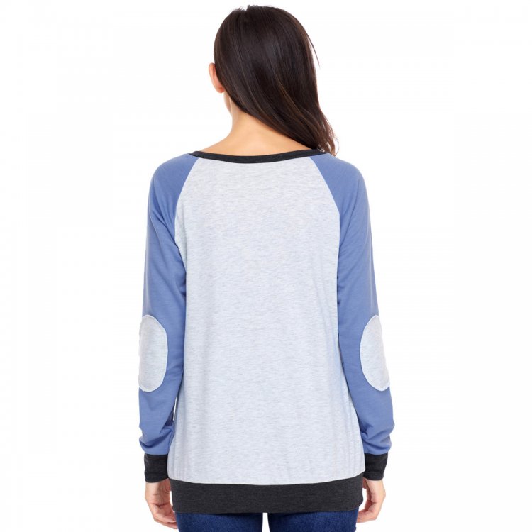 Blue Raglan Sleeve Patch Elbow Sweatshirt Top