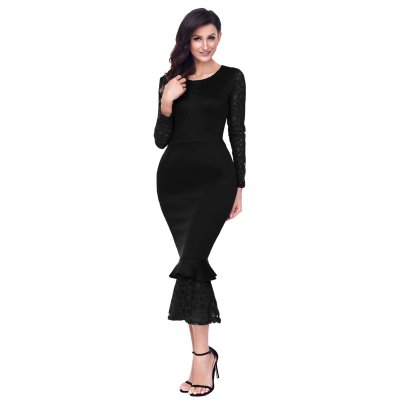 Black Hollow-out Long Sleeve Lace Ruffle Bodycon Midi Dress