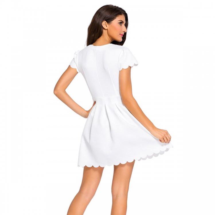 White Sweet Scallop Pleated Skater Dress