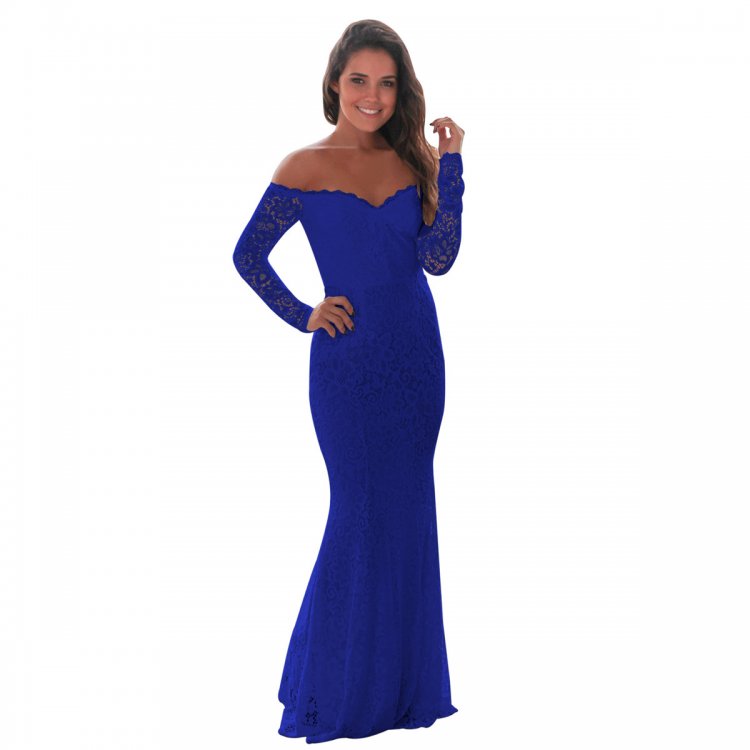 Blue Crochet Off Shoulder Maxi Evening Party Dress