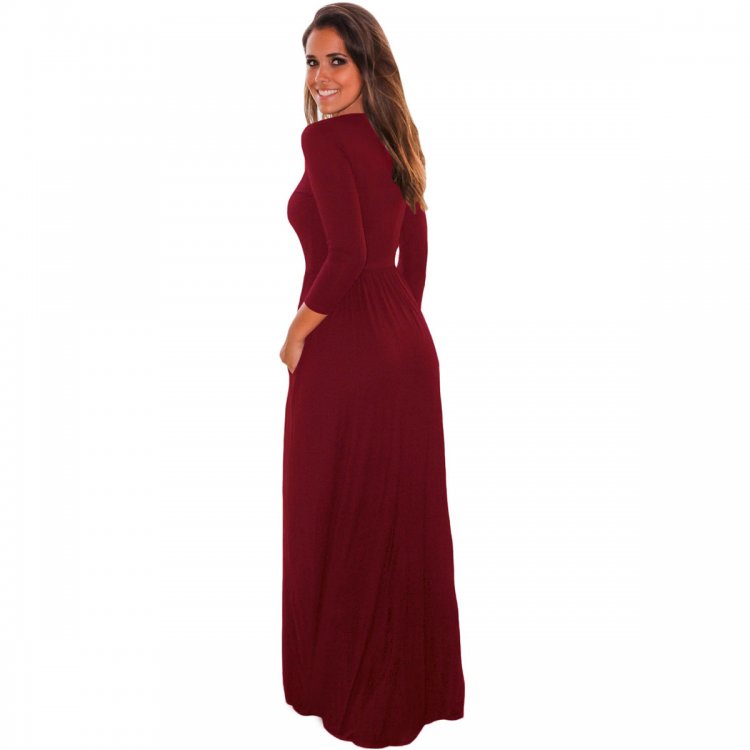Burgundy Pocket Design 3/4 Sleeves Maxi Dress
