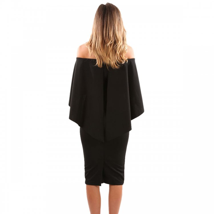 Black Luxurious Off Shoulder Batwing Cape Midi Dress