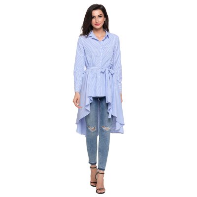 Light Blue Striped Lapel Shirt High Low Belted Blouse Top