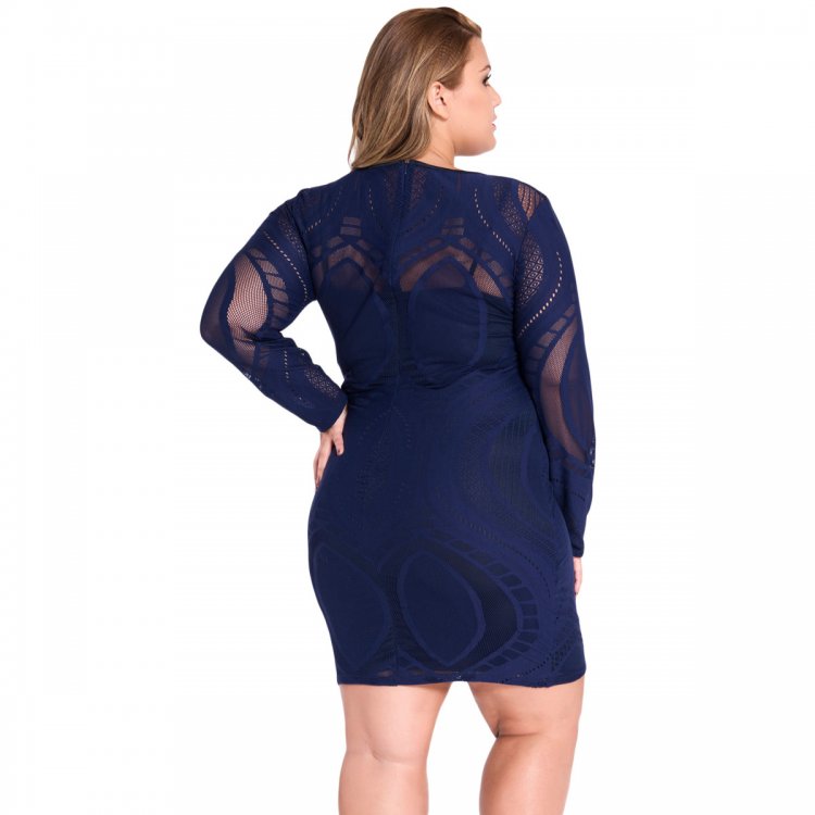 Royal Blue Lace Nude Illusion Long Sleeves Bodycon Dress