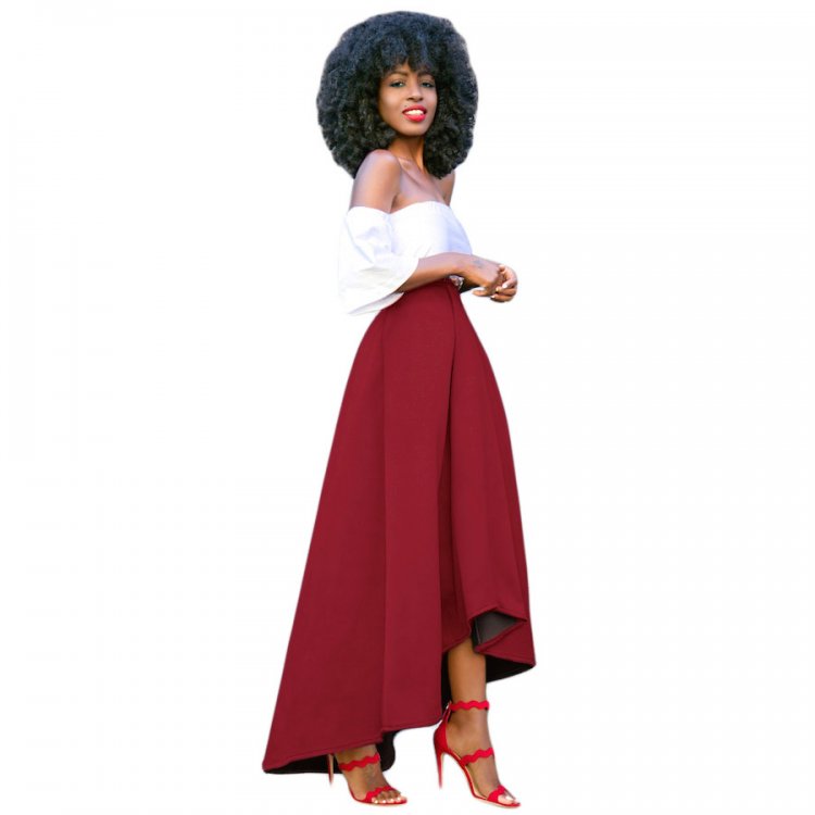 Burgundy Asymmetric High-Low Hem Maxi Prom Skirt