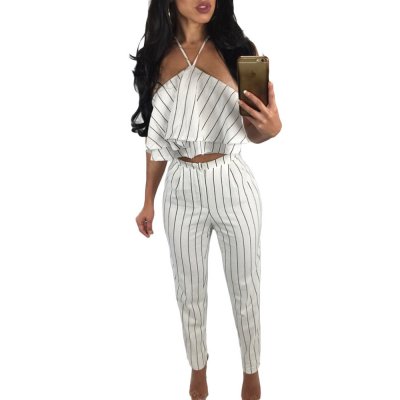 White Striped Ruffle Top and Pant Set