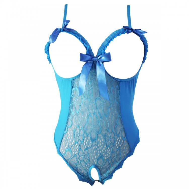 Blue Open Cup Crotchless One-piece Teddy