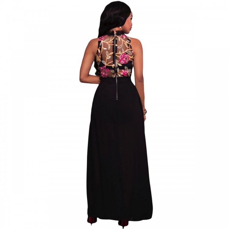 Black Sheer Mesh Embroidery Chiffon Romper Maxi Dress