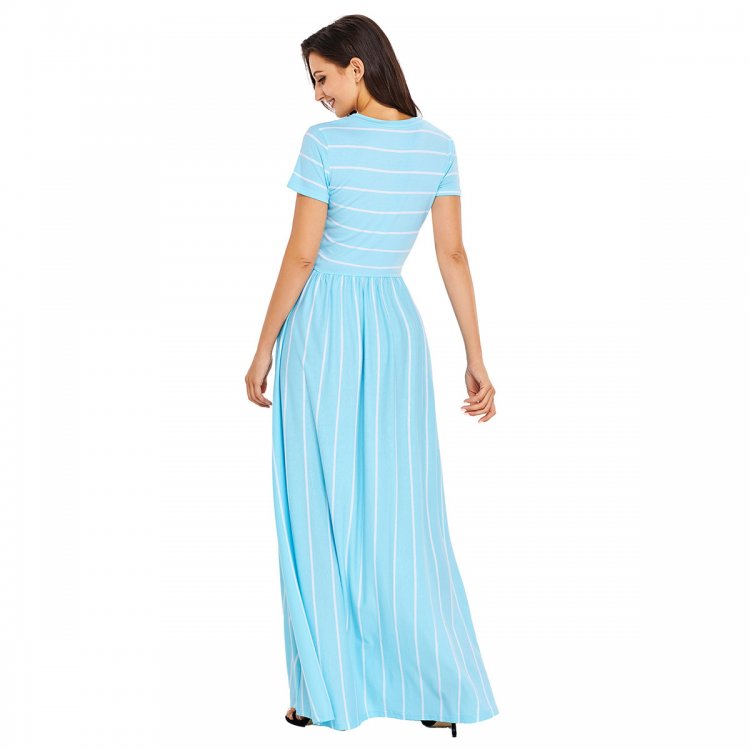 White Striped Light Blue Short Sleeve Maxi Dress