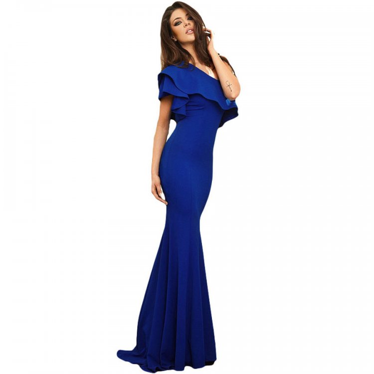 Royal Blue Ruffle One Shoulder Elegant Mermaid Dress