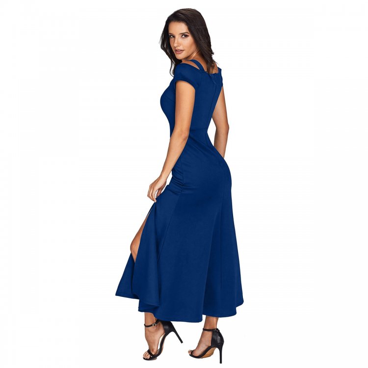 Blue Cold Shoulder Front Slit Flare Maxi Dress