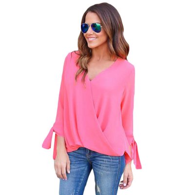 Rosy Womens V Neck Ruched Tie Sleeve Top