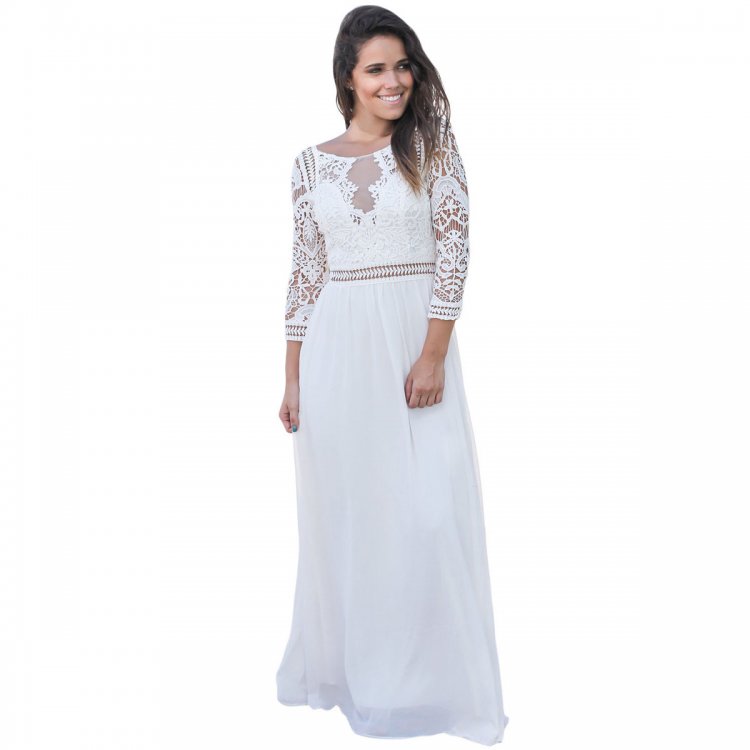 White Lace Crochet Quarter Sleeve Maxi Dress