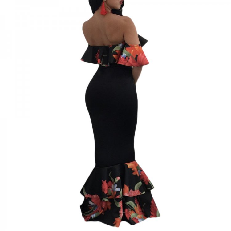 Floral Ruffle Accent Black Crop Top and Skirt Set