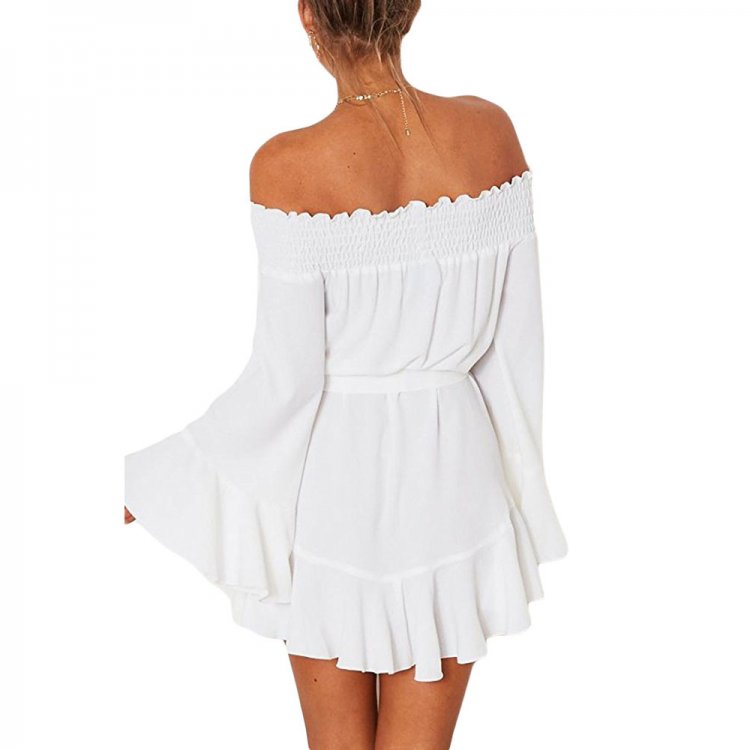 White Flare Sleeve Drop Hem Pleated Off Shoulder Dress