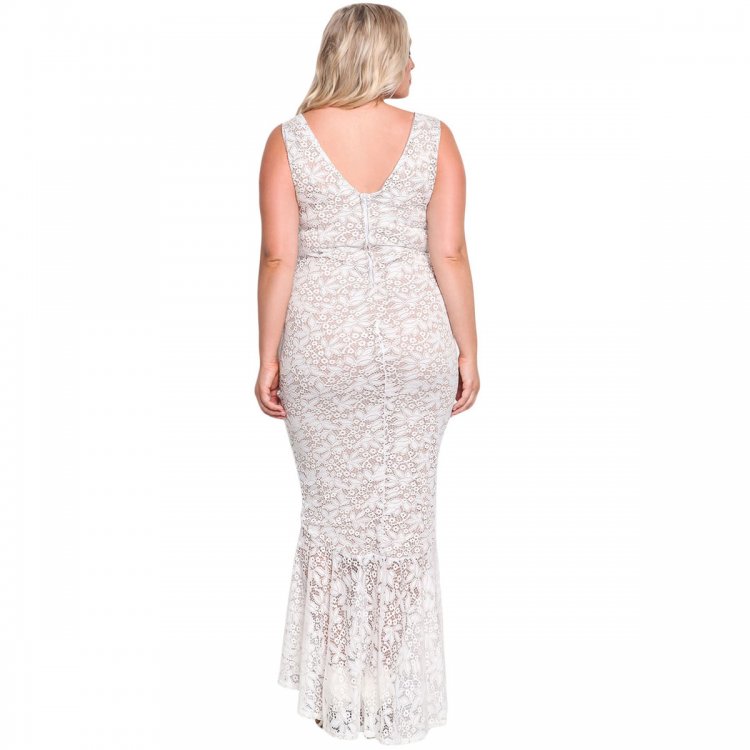 White Plus Size Floral Lace Ruffle Mermaid Maxi Gown