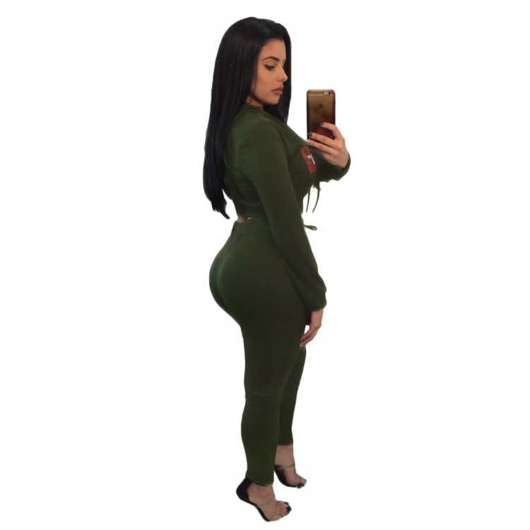 Army Green Super Hooded Crop Top Skinny Jogger Pant Set