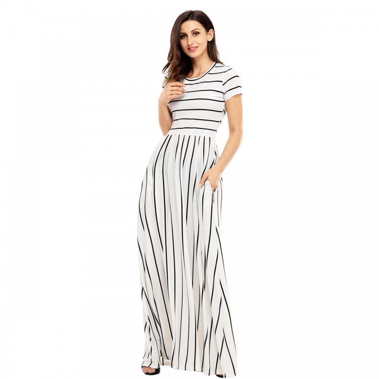 Black Striped White Short Sleeve Maxi Dress