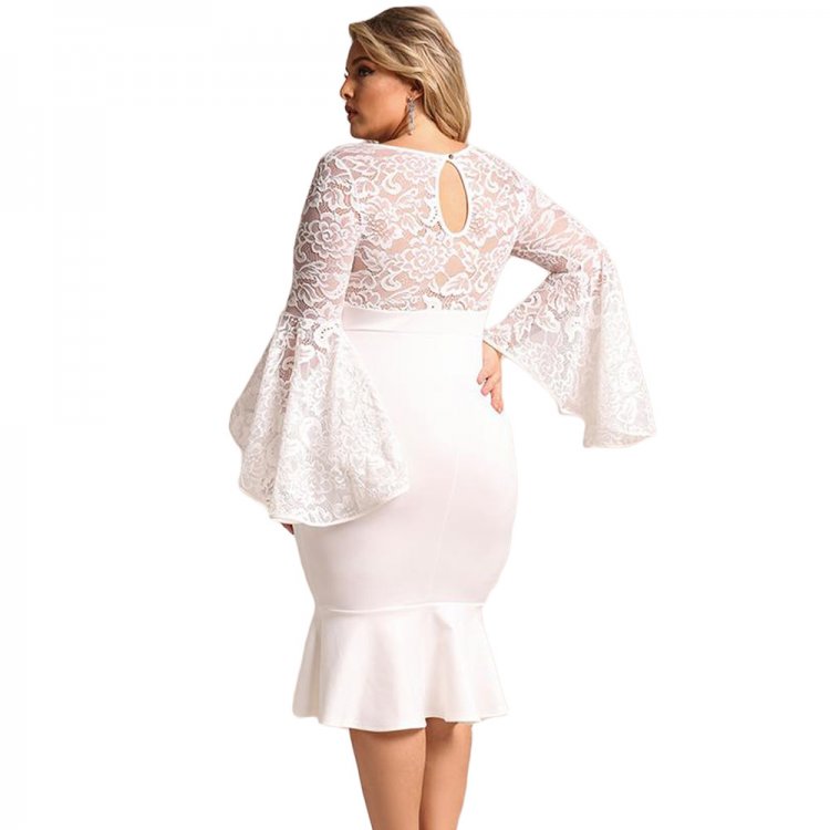 White Plus Size Lace Bell Sleeve Mermaid Bodycon Dress