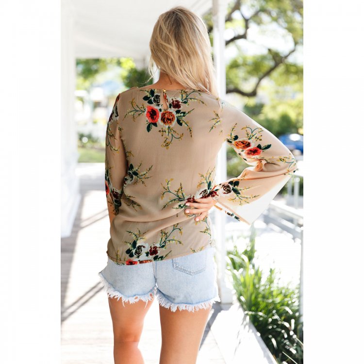 Nude Long Bell Sleeve Blossoming Chiffon Top