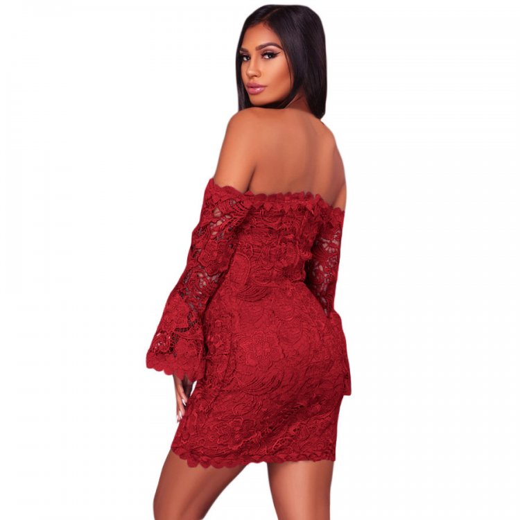 Purplish Red Crochet Overlay Off The Shoulder Fitted Mini Dress