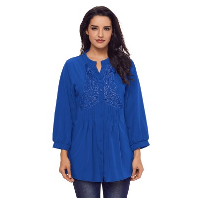 Blue Lace and Pleated Detail Button up Blouse