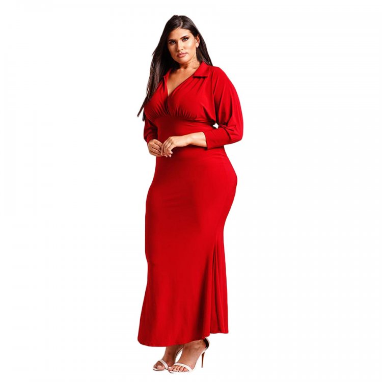 Red Plus Size Collared Deep V Maxi Dress