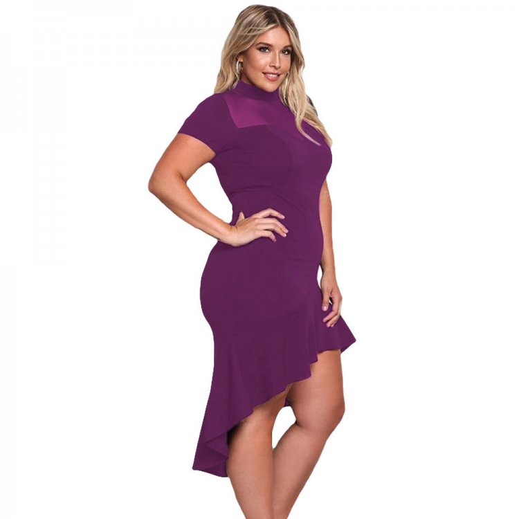Purple Mesh Insert Ruffled Hi-low Hem Curvy Dress