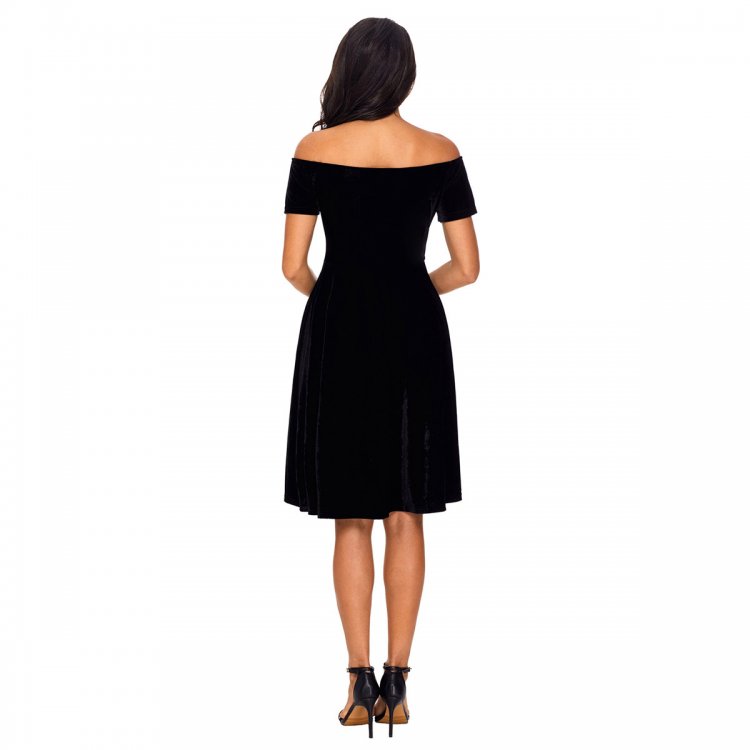 Black Velvet Off Shoulder Pleated Skater Dress