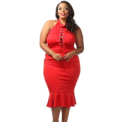 Red Lace-up Front Mermaid Ruffle Curvy Dress