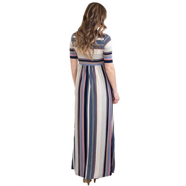 Muted Multicolor Striped Half Sleeve Casual Maxi Dress