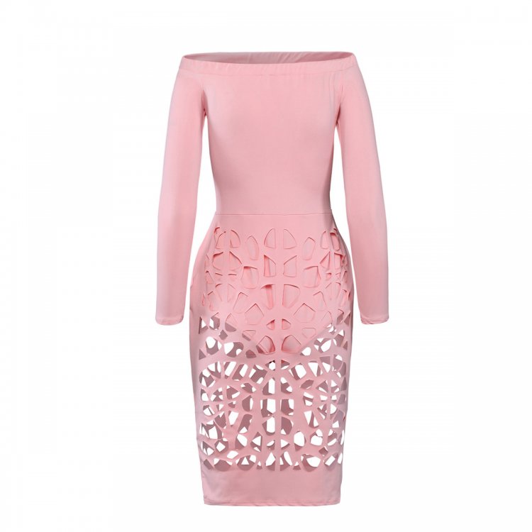 Pink Long Sleeve Off Shoulder Hollow Out Bodysuit Dress
