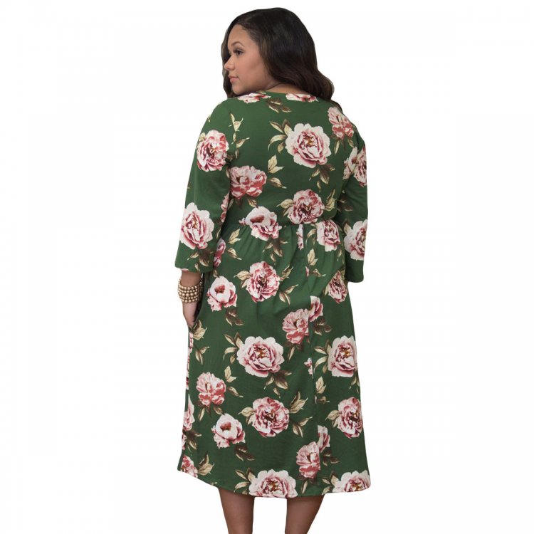Olive Floral Printing Plus Size Dress