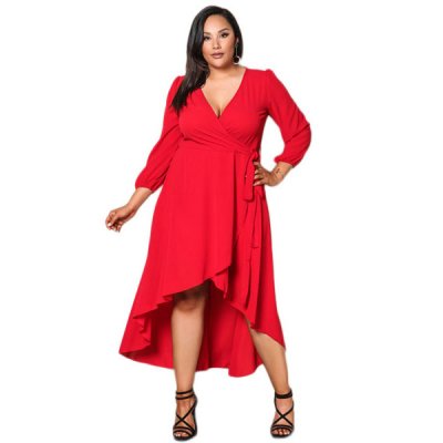 Red Ruffle Wrap Plus Size Hi-low Dress