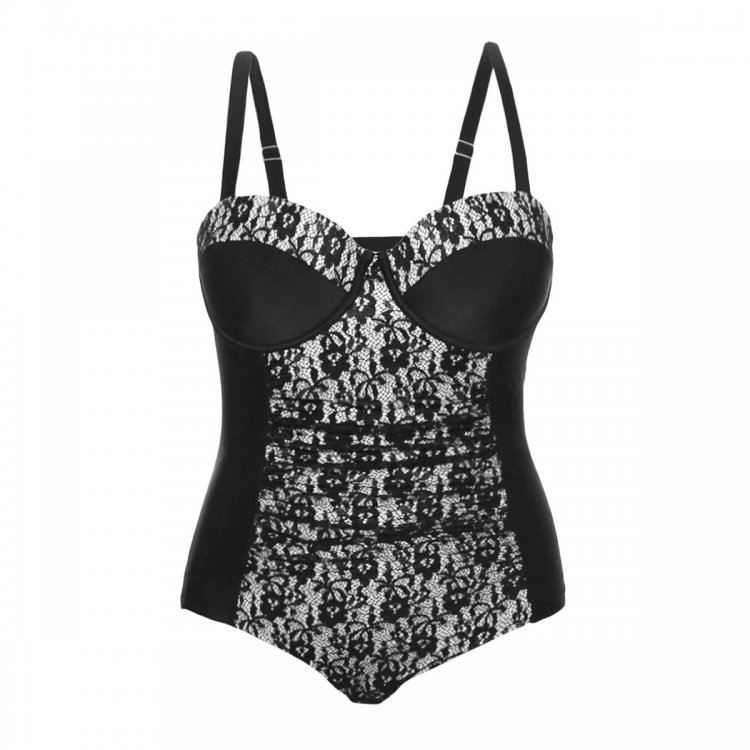 Black Sheer Lace Insert Ruched Plus One Piece Swimsuit