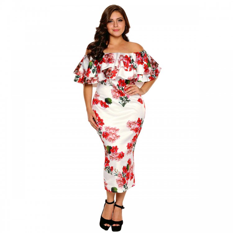 Floral Layered Ruffle Off Shoulder Curvaceous Dress