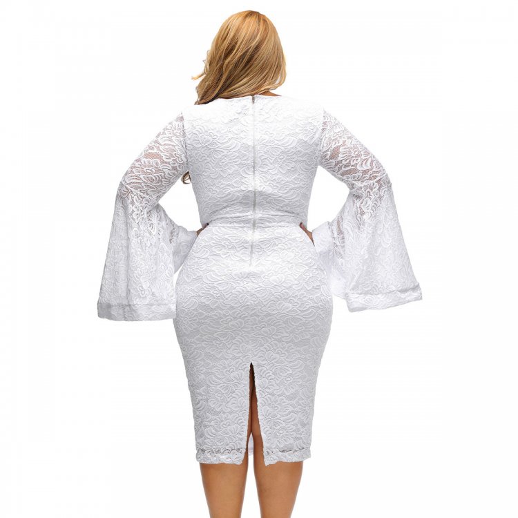 White Plus Size Bell Sleeves Lace Dress