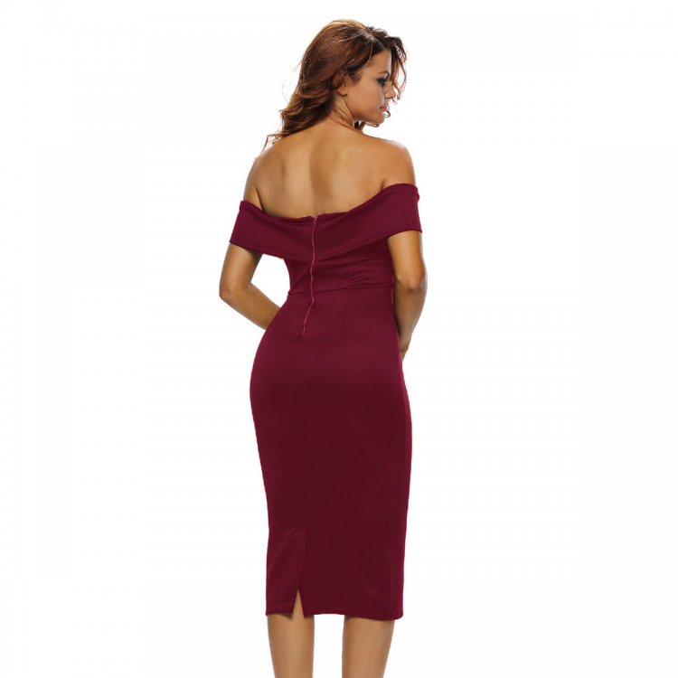 Burgundy Off-the-shoulder Midi Dress