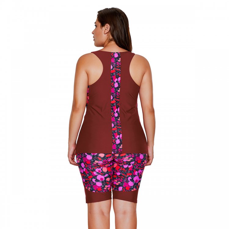 Burgundy Floral Insert Tankini and Short Sports Suit