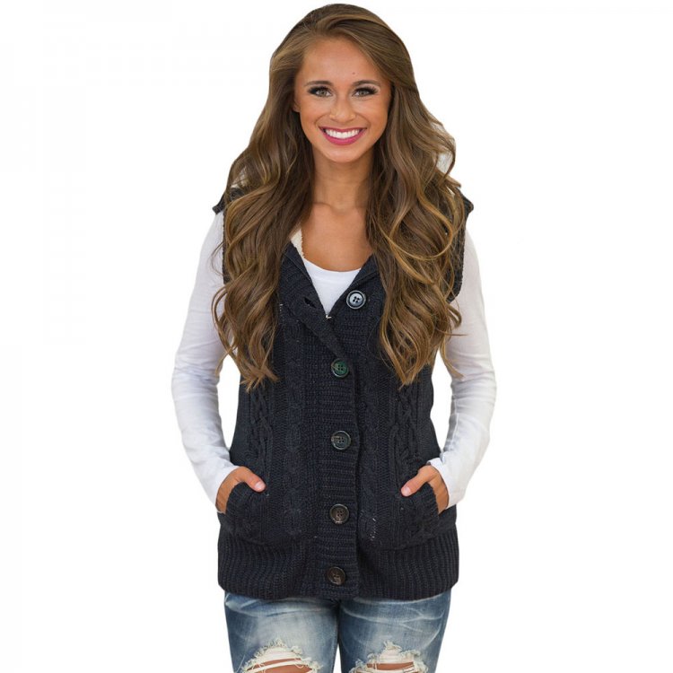 Black Cable Knit Hooded Sweater Vest