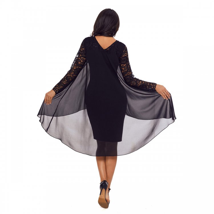 Black Lace Long Sleeve Double Layer Midi Dress